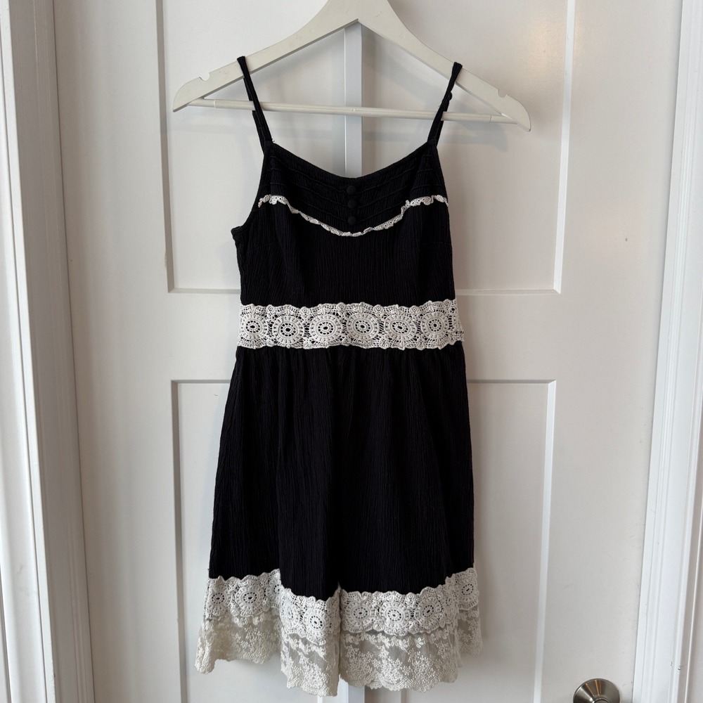 Vintage Hot Topic Small Black Cotton Crochet Lace Trim Mini Dress Whimsi‎ Goth